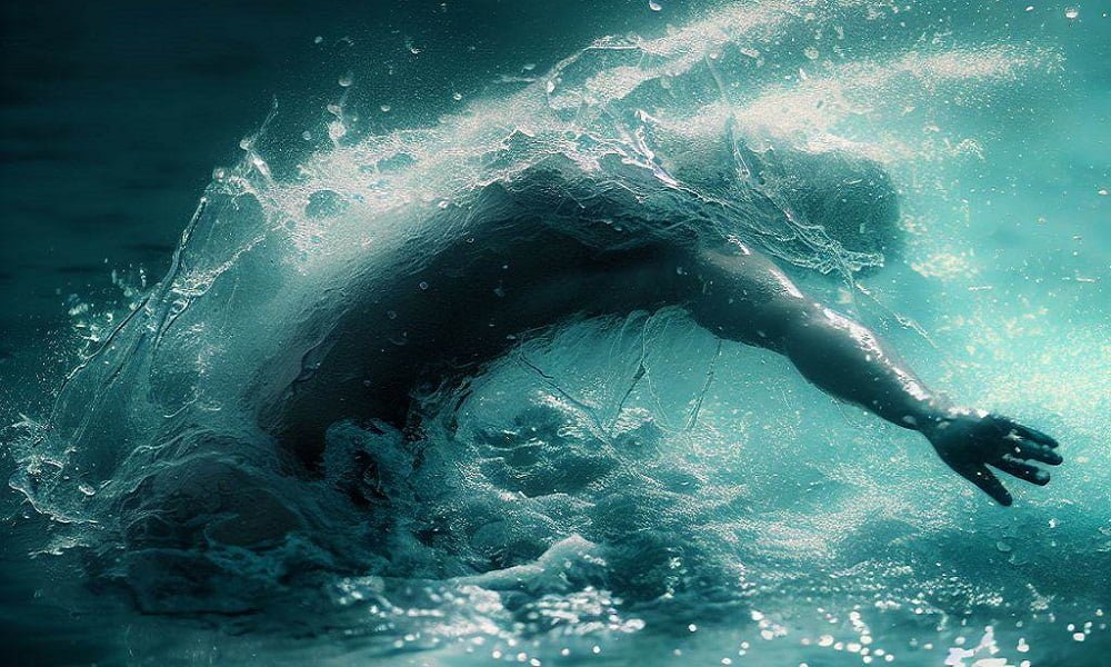 Nadador nada por encima del agua